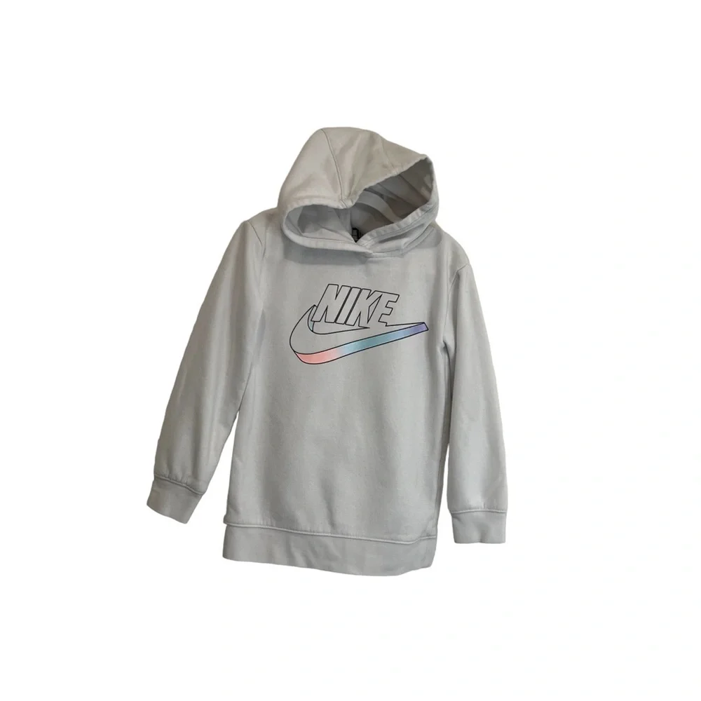 Nike White Graphic Logo Swoosh Hooded Pullover Sweatshirt Kids Youth Size 6